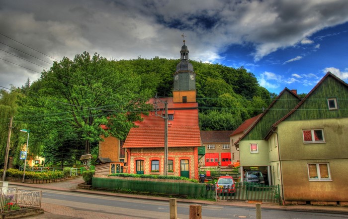 Houses and church tower in a German village