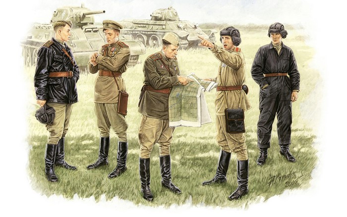 Soviet officers studying a map with tanks in background