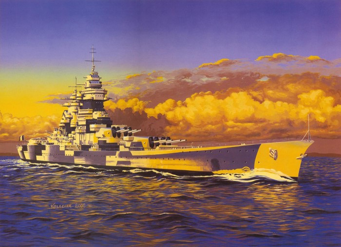 Painting of the Richelieu battleship at sunset