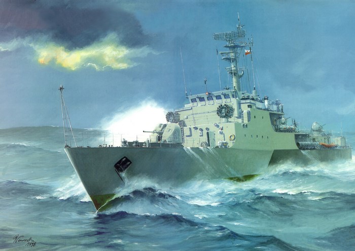 ORP Kaszub ship sailing in rough seas, painting