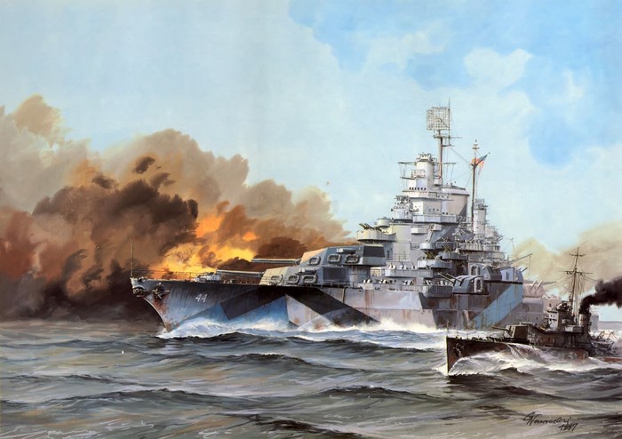 Battleship USS California in battle, 1944
