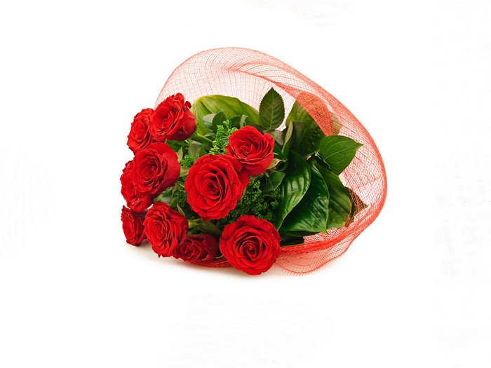 Bouquet of red roses with red netting