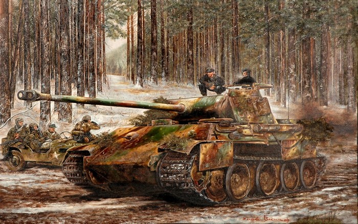 Panzerkampfwagen V Tank and Soldiers in Forest