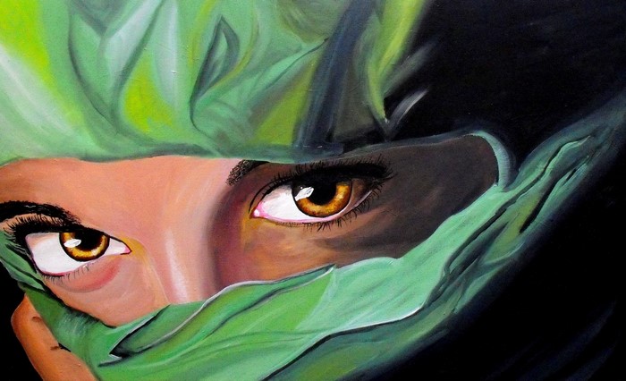 Painting of a woman's eyes peeking through green fabric