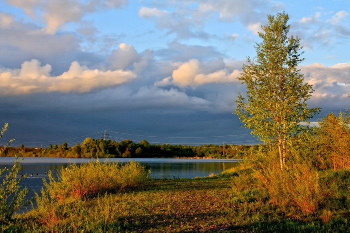 Lake with trees and dramatic clouds