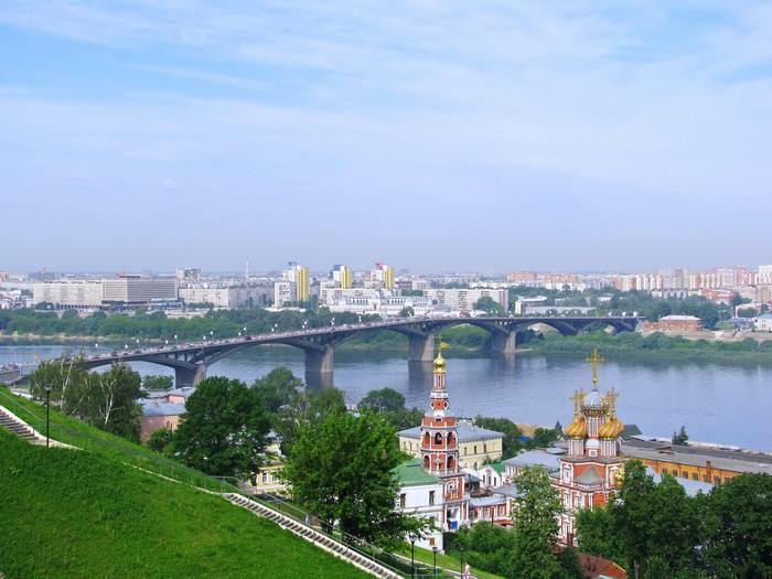 Cityscape with bridge over river and churches in Russia