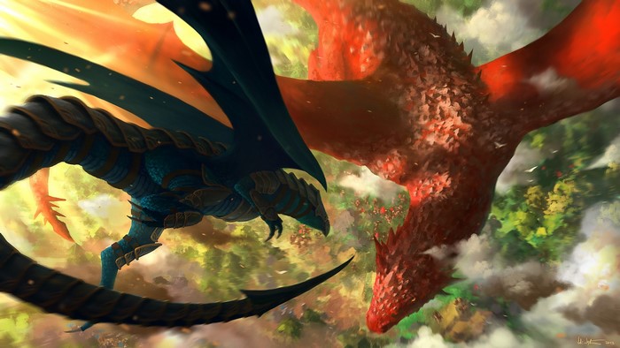 Two dragons fighting in the sky over a forest