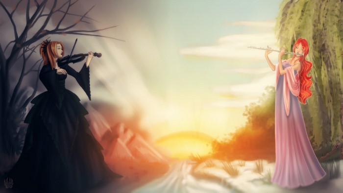 Two women playing musical instruments in a fantasy landscape
