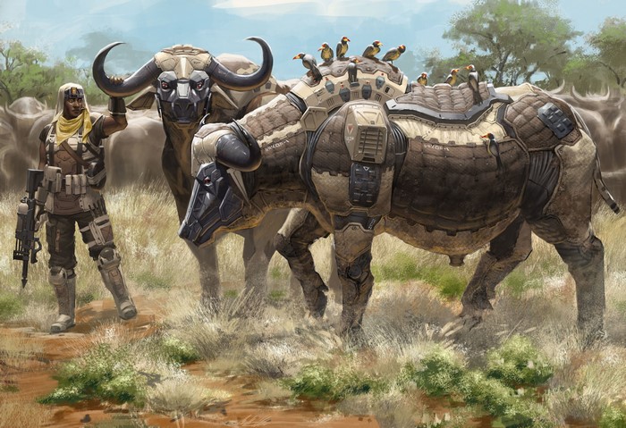 Warrior with cyborg buffaloes in savanna