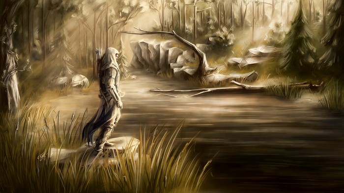 Assassin from Assassin's Creed 3 in a forest painting