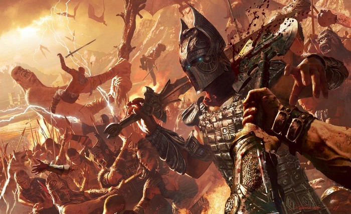 Warriors in battle with giants and monsters