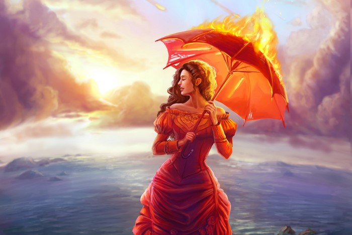 Woman with flaming umbrella over water