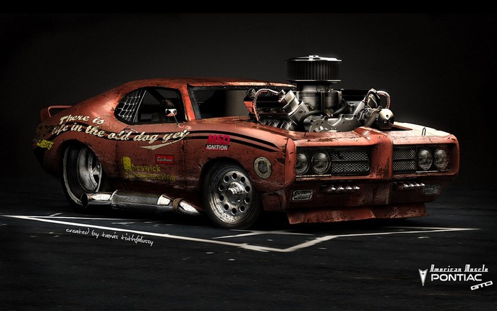 Customized orange Pontiac GTO with exposed engine