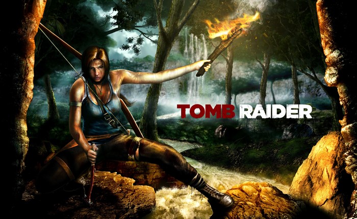 Lara Croft from Tomb Raider holding a torch