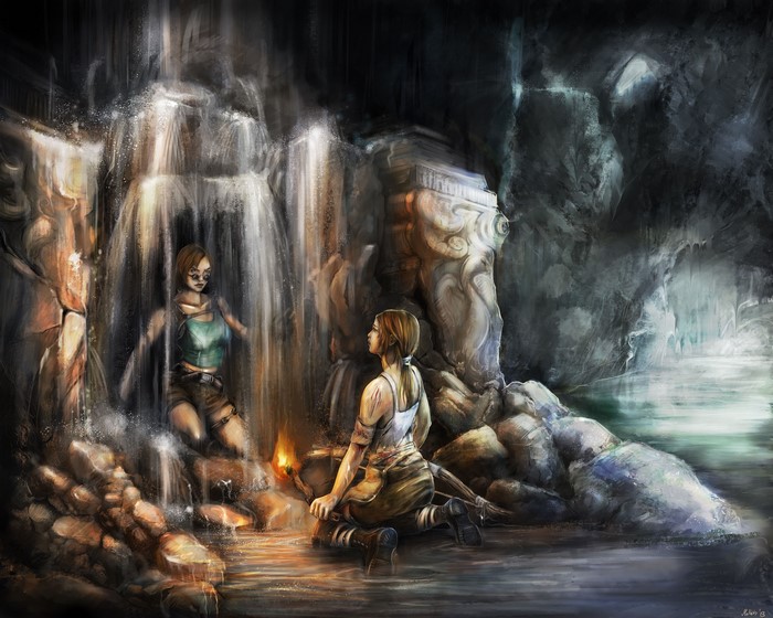 Lara Croft from Tomb Raider in a cave with waterfalls