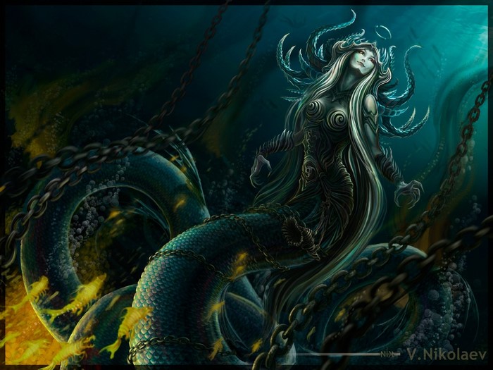 Serpent woman chained underwater with glowing fish