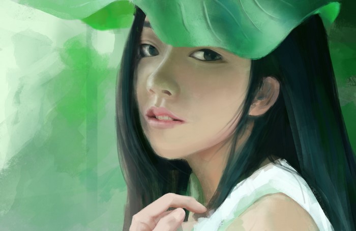 Painting of an Asian woman under a green leaf