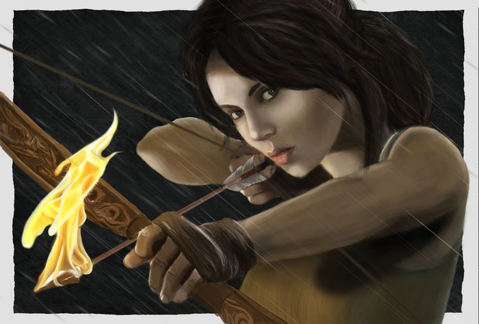 Lara Croft from Tomb Raider aiming a flaming arrow
