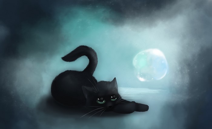 Black cat stretching in front of a glowing orb