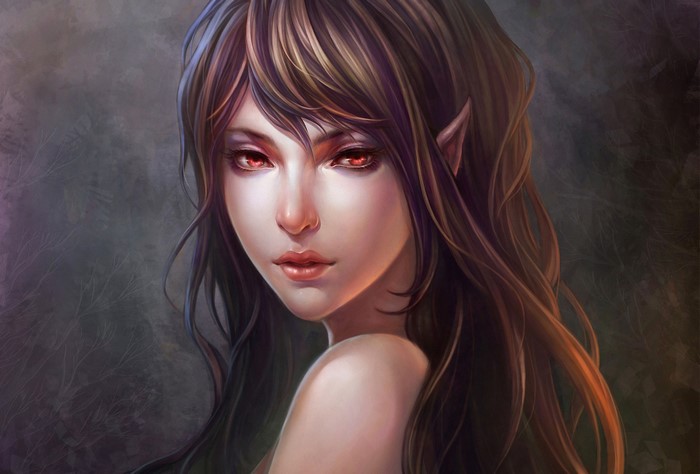 Elf woman with red eyes and brown hair