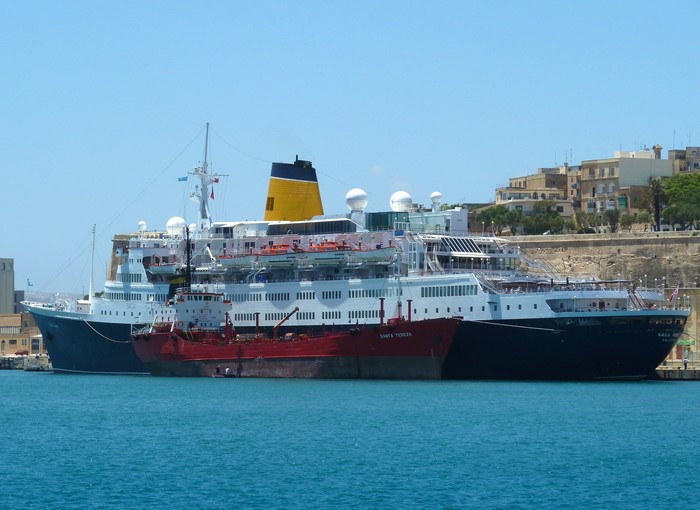 Saga Ruby cruise ship and Santa Teresa tanker ship in harbor