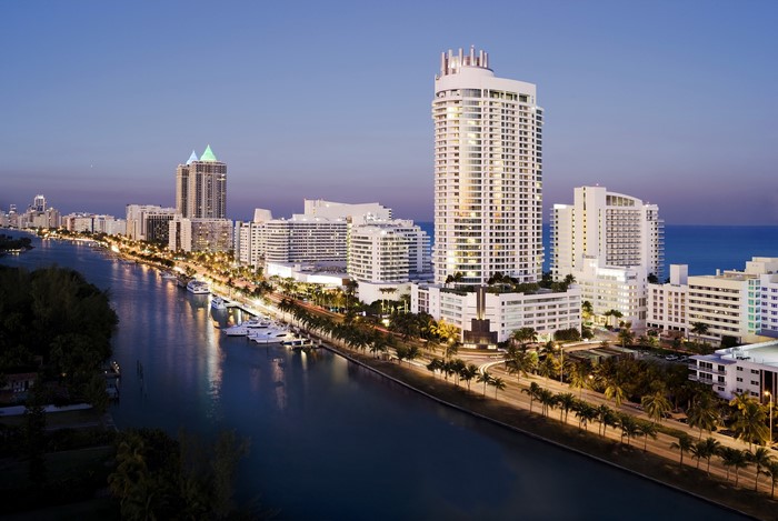 Miami Coastline with High-Rise Buildings and Canal