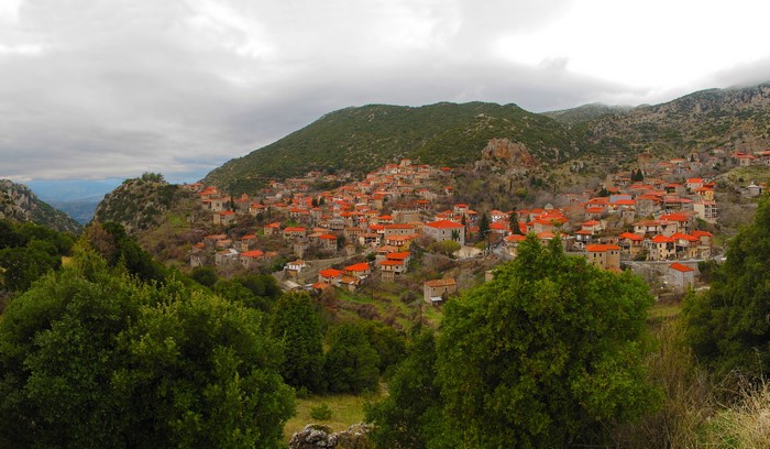 Village of Arcadia, Greece with red-tiled roofs