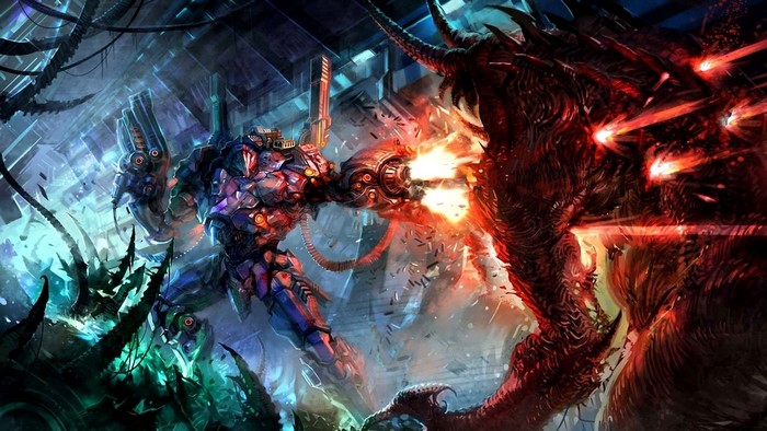Robot fighting a monster with lasers