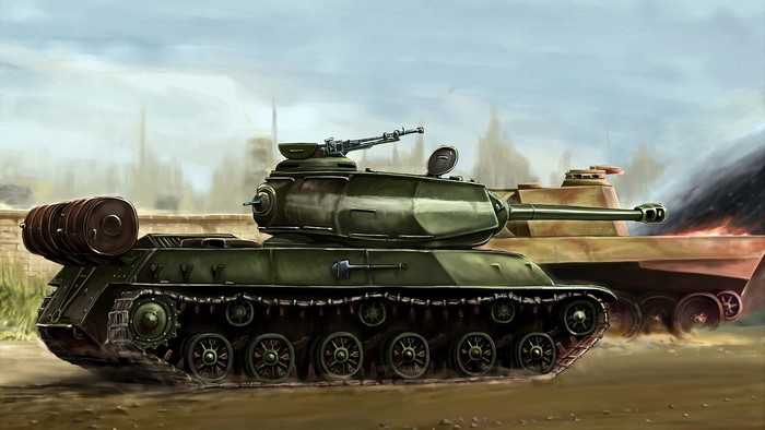 Two tanks, one IS-2, in a painting.
