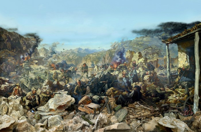 Soldiers in a battle scene with destroyed buildings and mountains