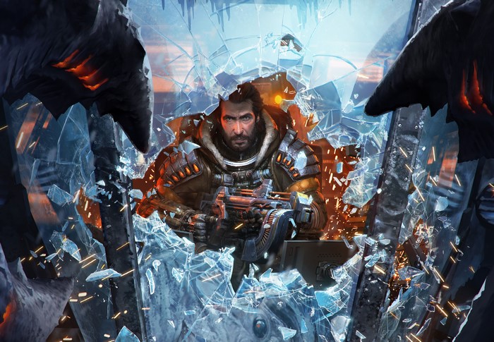 Man in armor with weapon from Lost Planet