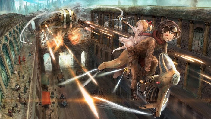 Young man and girl riding a steampunk vehicle in battle