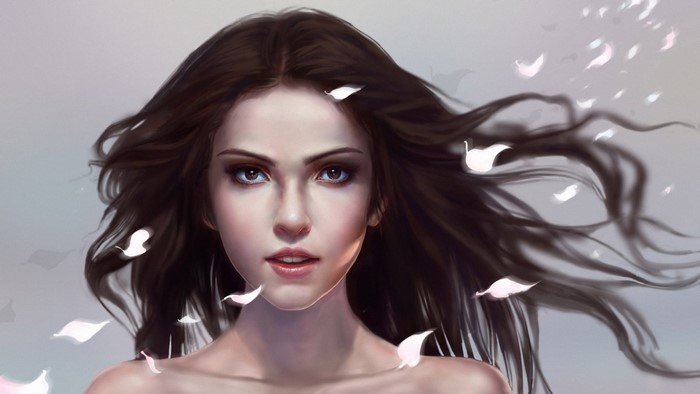 Painting of a woman with brown hair and petals