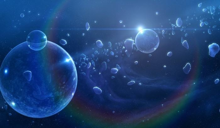 Planets and asteroids in deep space with rainbow lens flare