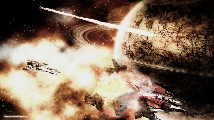 Spaceships engaged in battle near a ringed planet