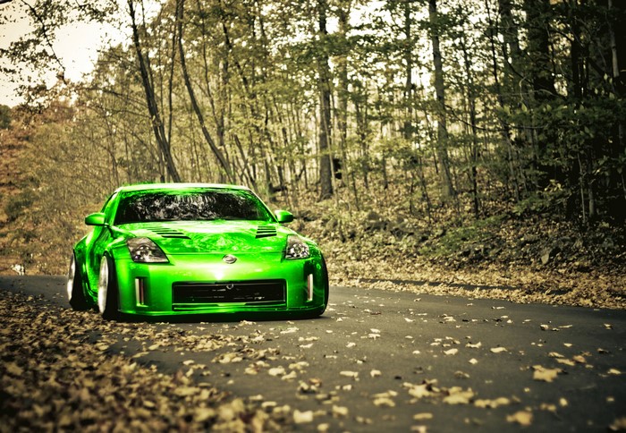 Green Nissan 350Z in Autumn Foliage