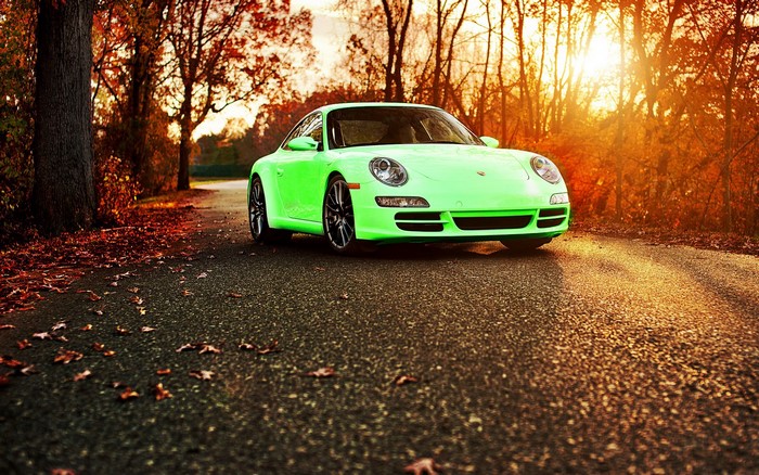 Green Porsche on an autumn road