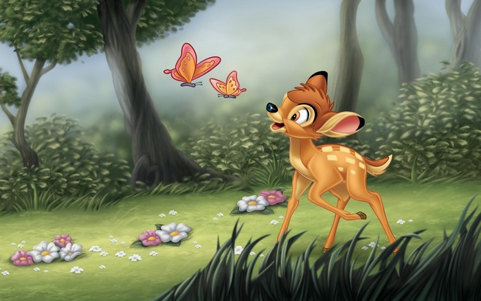 Bambi and butterflies in a forest