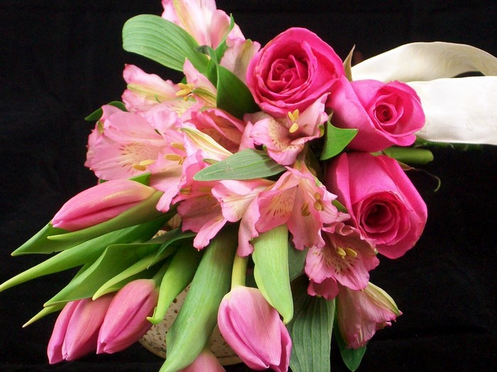 Pink Roses, Tulips, and Alstroemeria Bouquet