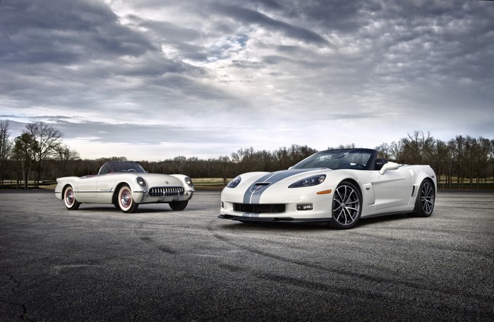 White Chevrolet Corvette C6 427 Convertible and vintage Corvette