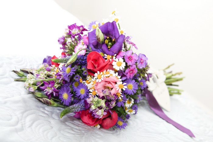 Colorful Wildflower Bouquet with Purple Ribbon