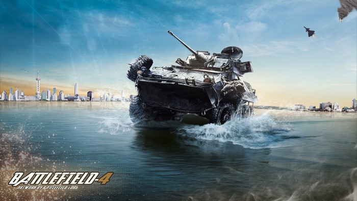 Battlefield 4 APC driving through water with city in background