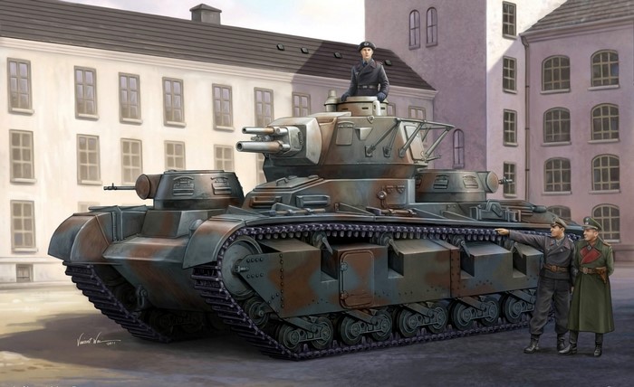 Painting of a German Panzerkampfwagen tank with soldiers