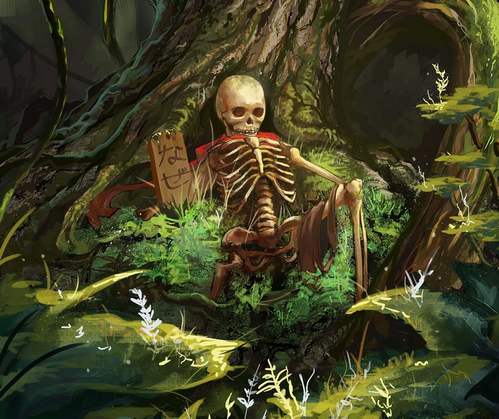 Skeleton sitting in a forest with a wooden sign