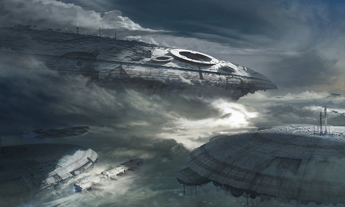 Massive spaceships in clouds