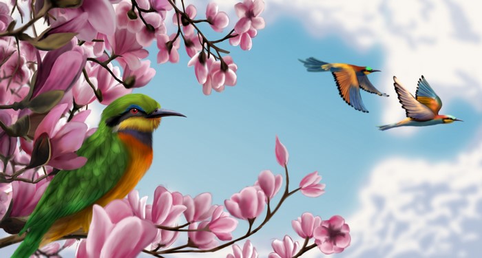 4K Painting Art of Birds and Flowering Trees