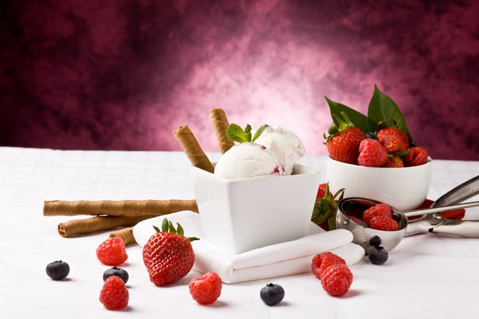 Ice cream with strawberries and raspberries