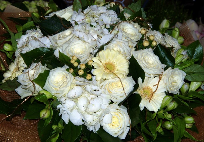White Roses and Gerbera Daisy Bouquet
