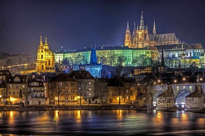 Prague at night with Charles Bridge and Prague Castle