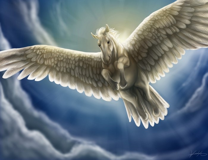 Pegasus flying through clouds